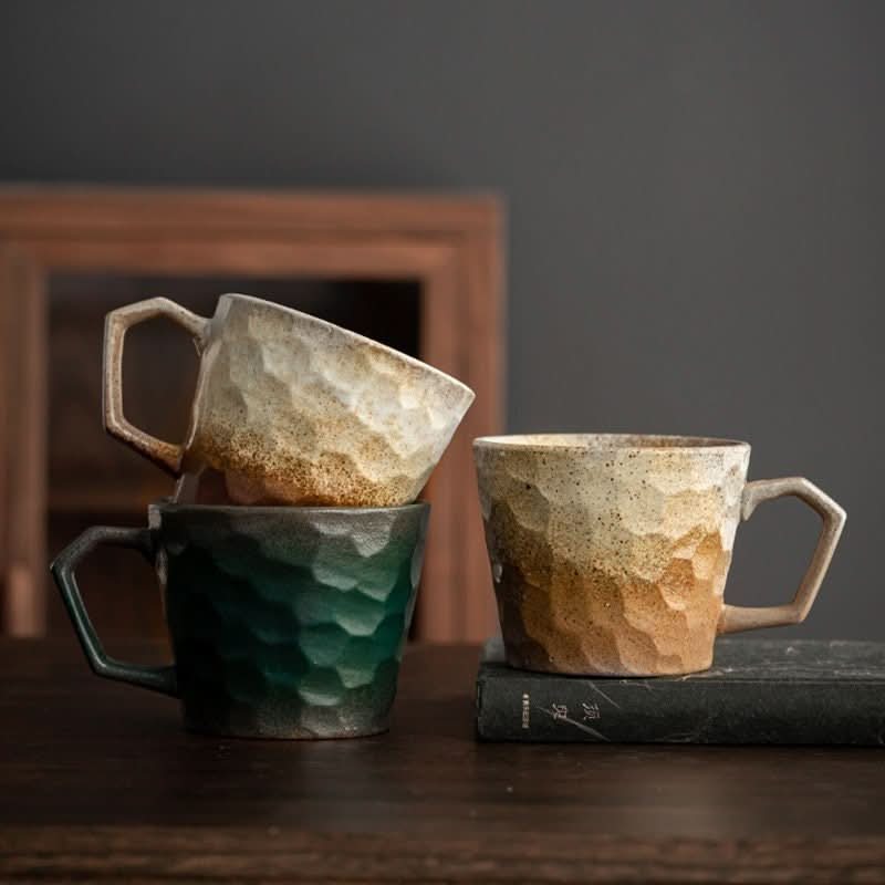 Stoneware Coffee Cup Vintage Japanese Style Mug: Textured rustic beige and forest green ceramic mugs on wooden table.